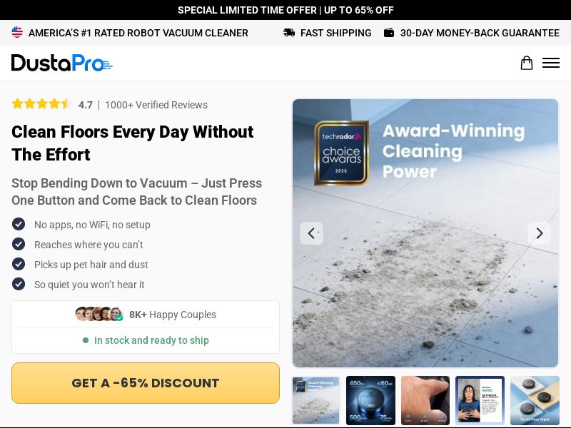 ! NEW OFFER - DustaPro Robot Vacuum Cleaner - Product Page [INTL] (Social,Banner,Native,Push,SEO,Search,Brand Bidding) - CPA