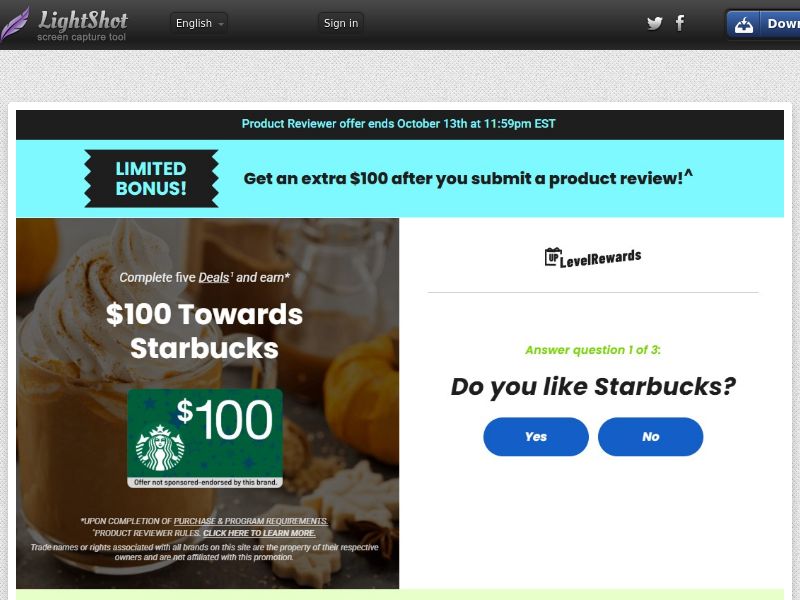 Rewards US - Social/Incent - Starbucks Bonus $100 - CPL | US