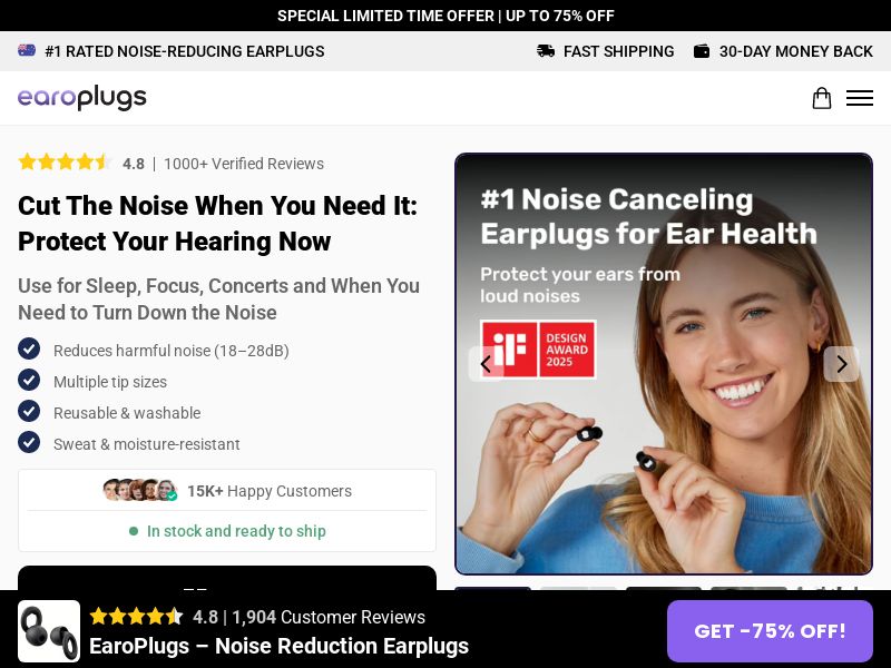 Earoplugs Noise Reducing Plugs - DTC [AU] (Social,Banner,Native,Push,SEO,Search,Brand Bidding) - CPA