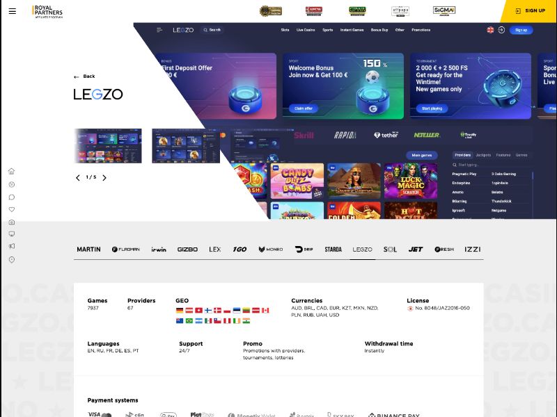 LEGZO Casino - CPA Up To 700 EUR, RevShare Up To 60% - PT, PL, DE, BR, CA