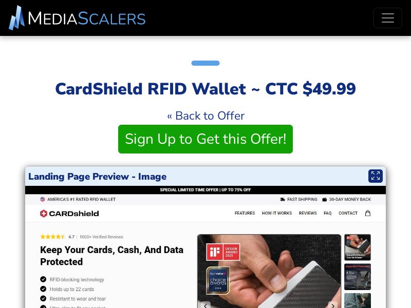 CardShield RFID Wallet ~ CTC $49.99 {+Advertorial, DTC, Alt-Landers} [US, DE, CA, AU, UK, FR, IL, +232 More]