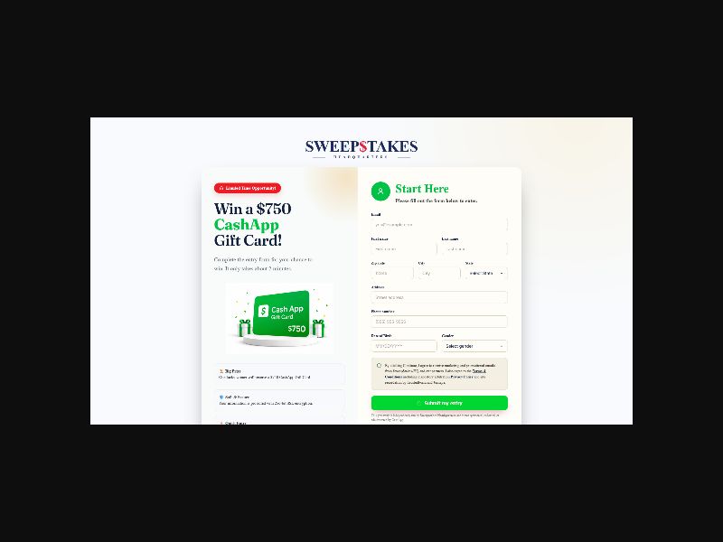 Sweepstakes Headquarters $750 Cashapp Gift Card - SOI (US)