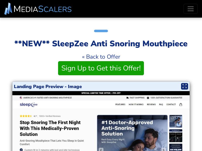 SleepZee Anti Snoring Mouthpiece {+DTC, Advertorial, Alt-Landers} [US, DE, CA, AU, GB, FR, IL, +236 More]
