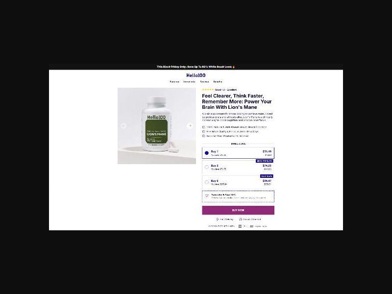Hello100 - Lion's Mane Capsules - CPS (US,CA,UK + more)