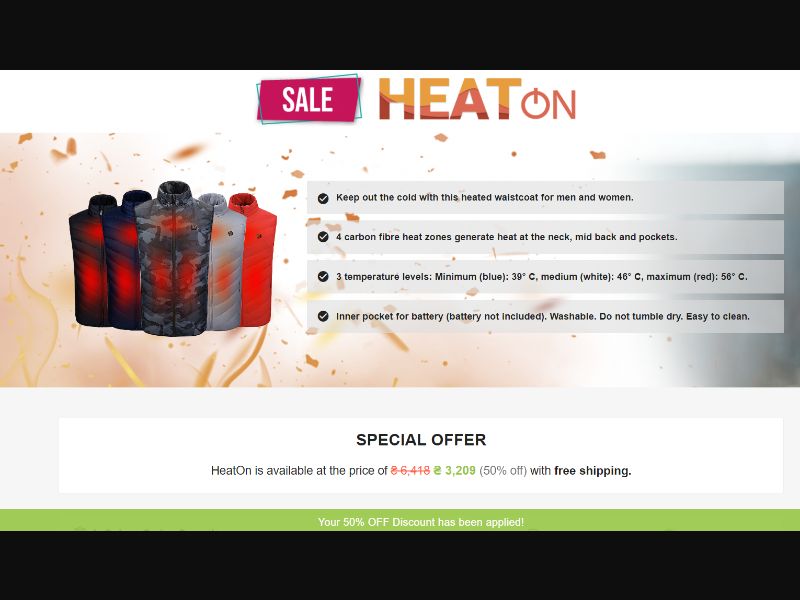 [WEB+MOB] HeatOn – Heated Waistcoat /International (112 GEOs) CPS *FB/TikTok/Google/Taboola Pixel*