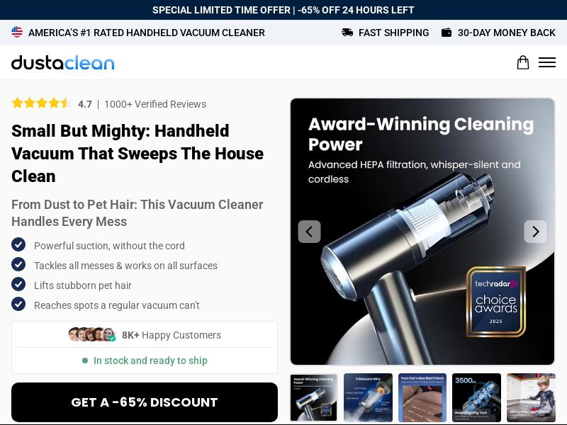 ! NEW OFFER - Dustaclean Handheld Vacuum - Product Page [INTL] (Social,Banner,Native,Push,SEO,Search,Brand Bidding) - CPA