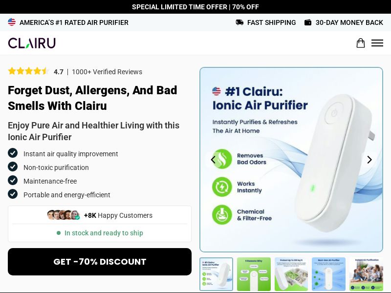 Clairu Air Purifier - Product Page [INTL] (Social,Banner,Native,Push,SEO,Search,Brand Bidding) - CPA