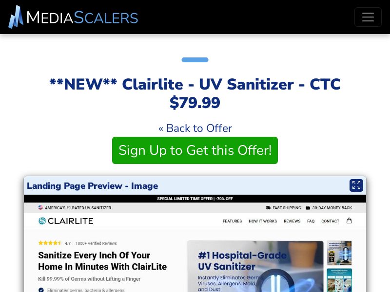Clairlite - UV Sanitizer - CTC $79.99 {+Advertorial, DTC, Alt-Landers} [US, DE, CA, AU, UK, FR, IL, +232 More]