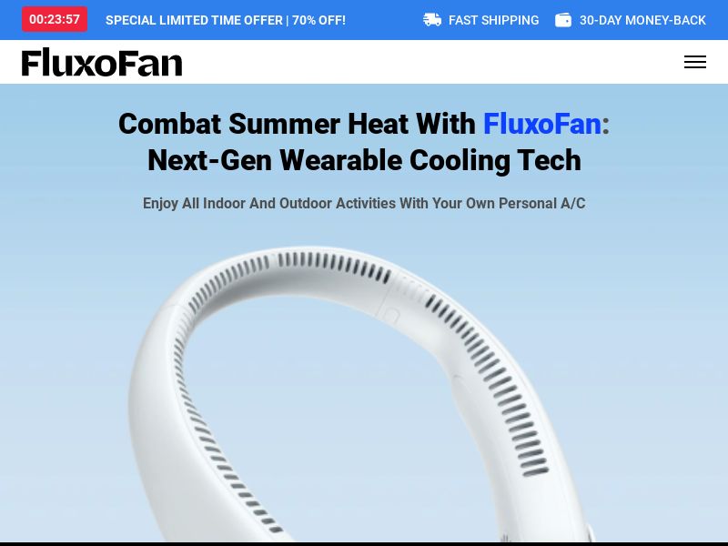 FluxoFan Neck Fan - Product Page [INTL] (Social,Banner,Native,Push,SEO,Search,Brand Bidding) - CPA 