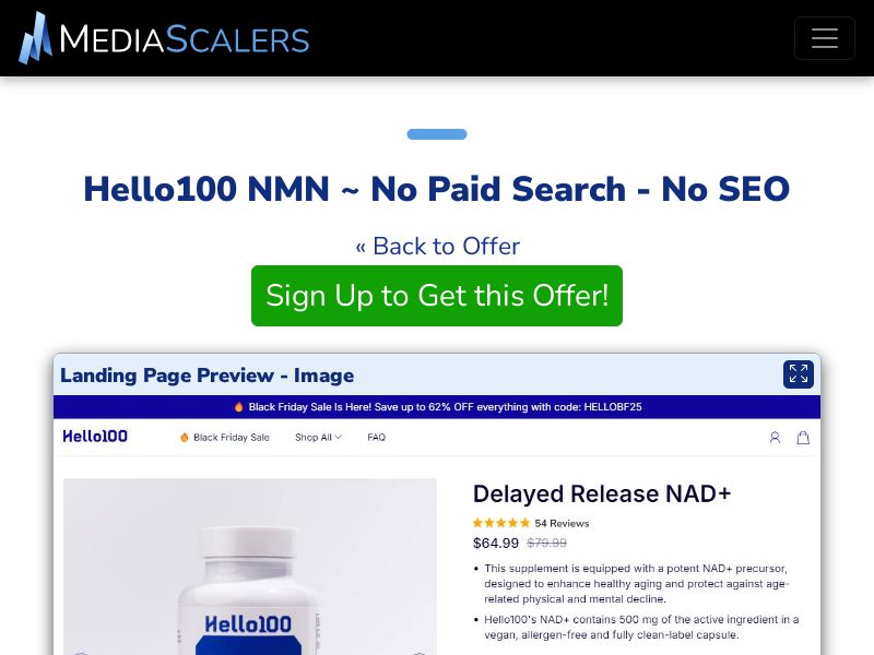 Hello100 NMN ~ No Paid Search - No SEO [US, DE, CA, AU, UK]