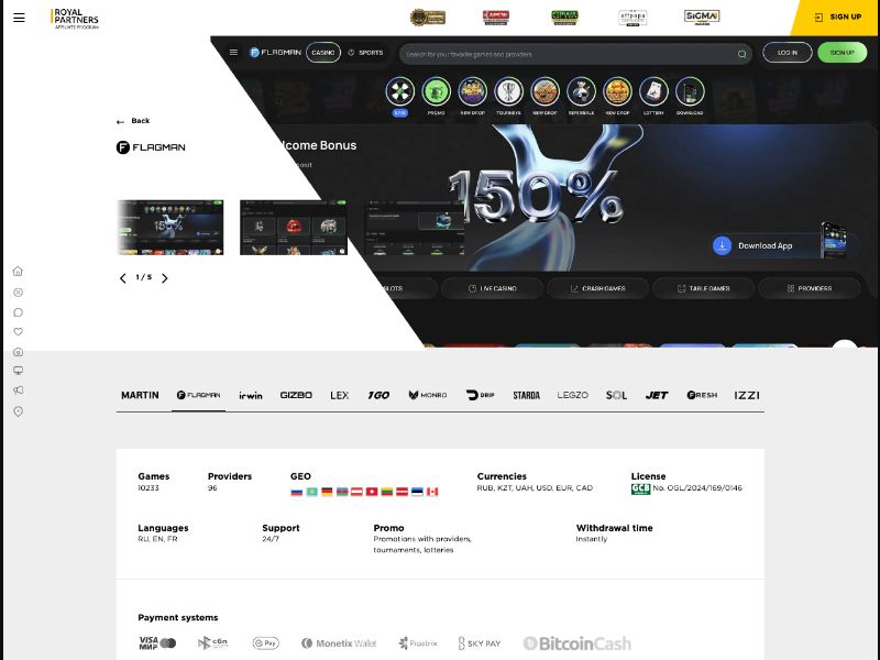 FLAGMAN Casino - CPA Up To 700 EUR, RevShare Up To 60% - PT, PL, DE, BR, CA