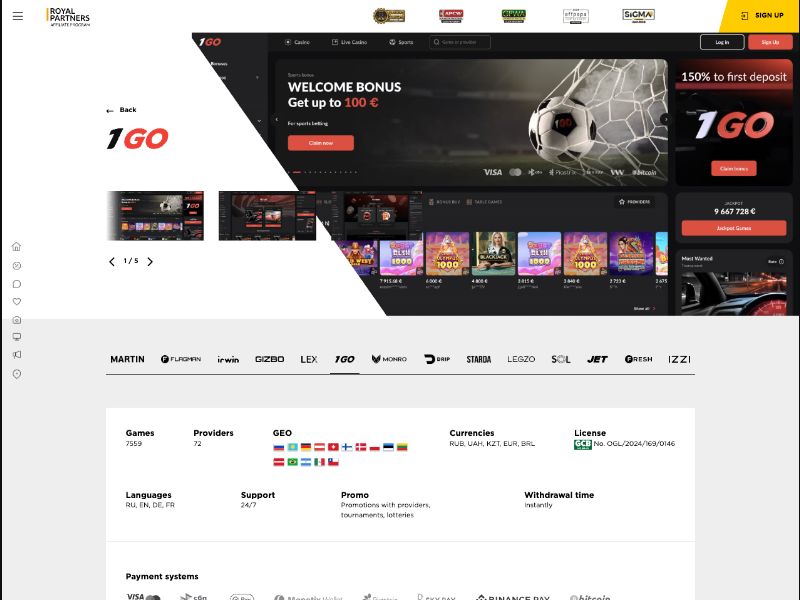 1GO Casino - CPA Up To 700 EUR, RevShare Up To 60% - PT, PL, DE, BR, CA
