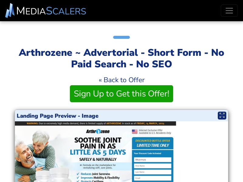 Arthrozene ~ Advertorial - Short Form - No Paid Search - No SEO [US, CA, AU, UK]