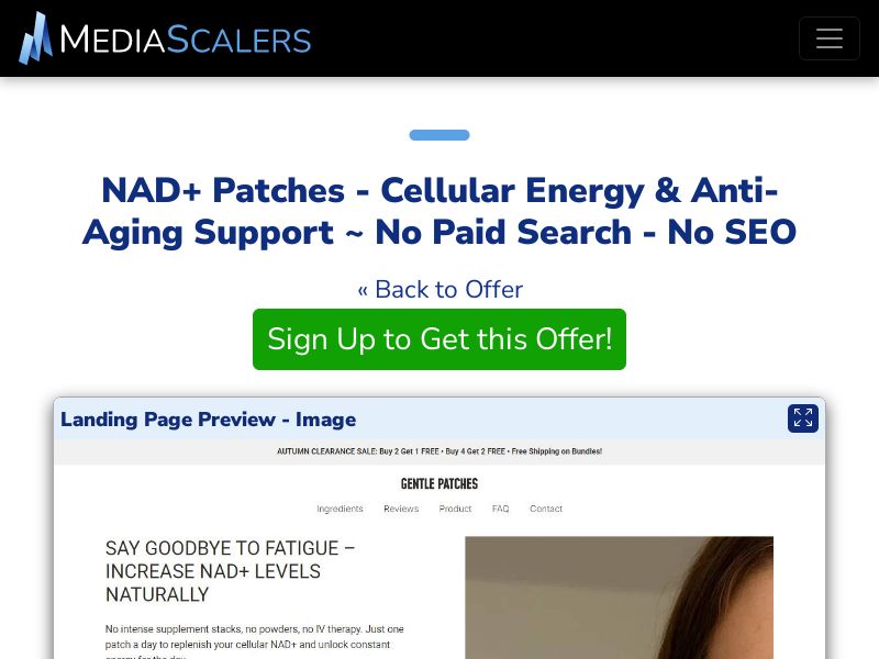 NAD+ Patches - Cellular Energy & Anti-Aging Support ~ No Paid Search - No SEO {+DTC} [US, DE, CA, AU, UK]