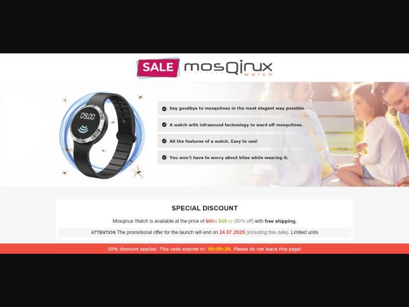 [WEB+MOB] Mosqinux Watch – Ultrasonic Mosquito Repellent Watch /International (112 GEOs) CPS *FB/TT/Google/Taboola Pixel* [Approval Required]