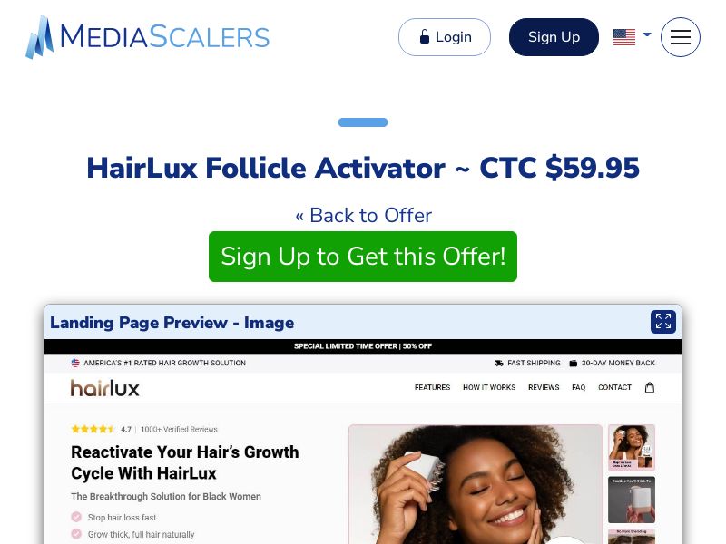 HairLux Follicle Activator ~ CTC $59.95 {+Advertorial, DTC, Alt-Landers} (Event Tracking) [US, DE, CA, AU, UK, FR, IL, +232 More]