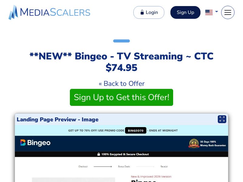 Bingeo - TV Streaming ~ CTC $74.95 (Event Tracking) [US]