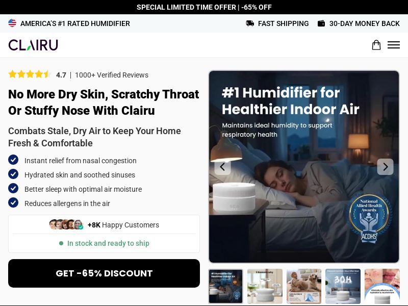 ! NEW OFFER - Clairu Humidifier - Product Page [INTL] (Social,Banner,Native,Push,SEO,Search,Brand Bidding) - CPA