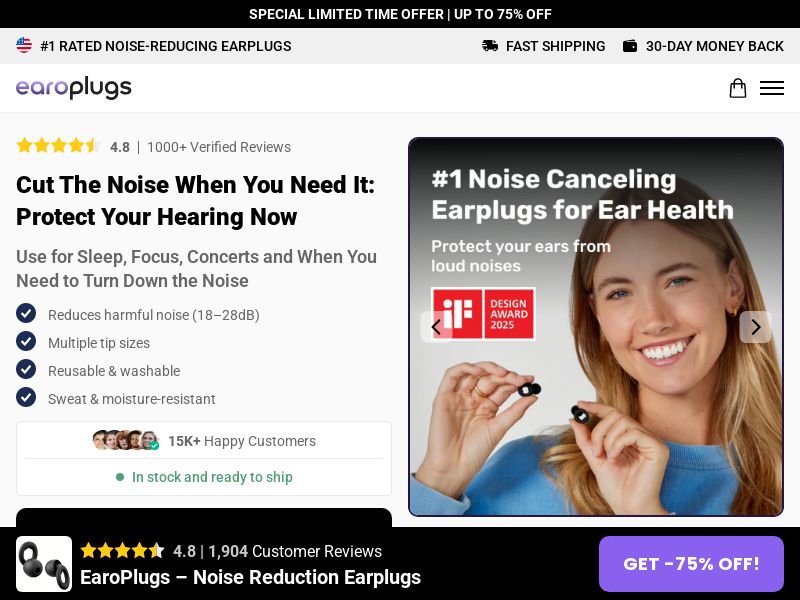 ! NEW OFFER - Earoplugs Noise Reducing Plugs - DTC [US] (Social,Banner,Native,Push,SEO,Search,Brand Bidding) - CPA