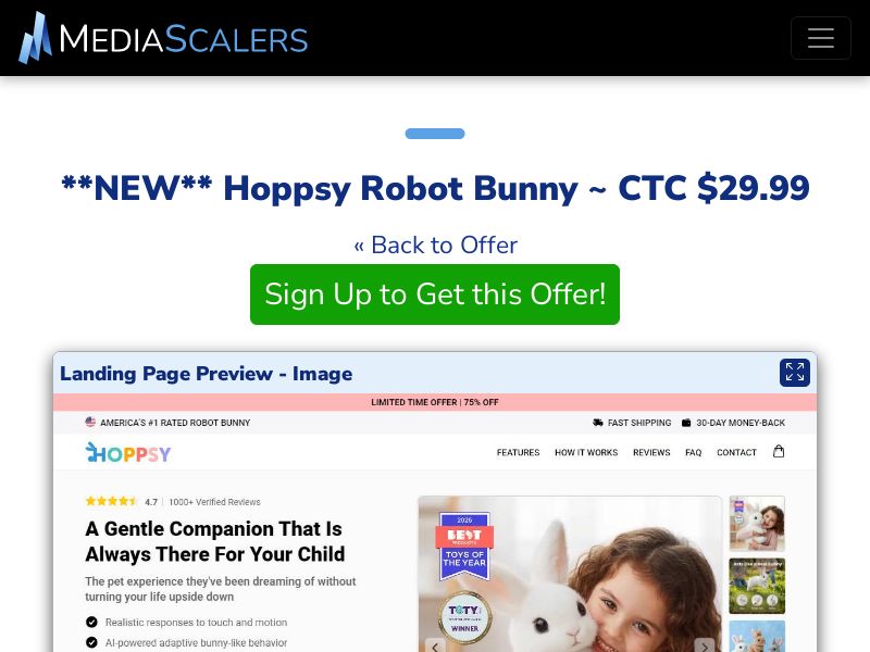 Hoppsy Robot Bunny ~ CTC $29.99 {+Advertorial, DTC, Multi-Lang, Alt-Landers} [US, DE, CA, AU, UK, FR, IL, +232 More]