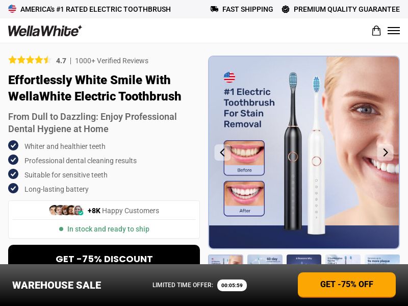 ! NEW OFFER - Wellawhite Electric Toothbrush - DTC [US] (Social,Banner,Native,Push,SEO,Search,Brand Bidding) - CPA