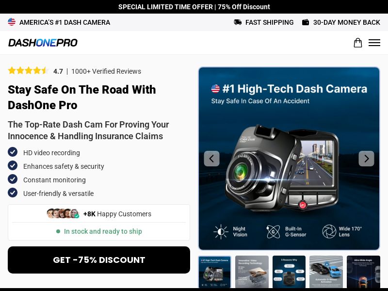 DashOne Pro Dash Cam - Product Page [INTL] (Social,Banner,Native,Push,SEO,Search,Brand Bidding) - CPA