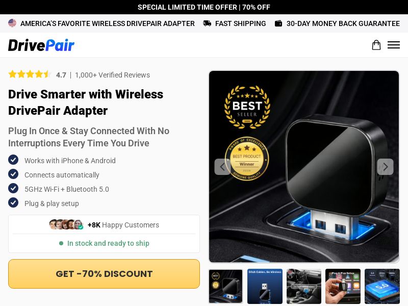 DrivePair Wireless CarPlay - Product Page [INTL] (Social,Banner,Native,Push,SEO,Search,Brand Bidding) - CPA