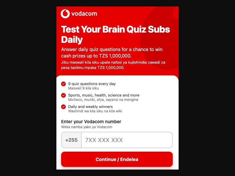 39032 - TZ - [MOB] - Brain Quiz - Vodacom - 2 Click