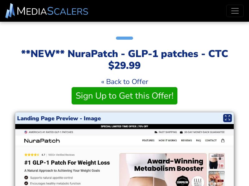 NuraPatch - GLP-1 patches - CTC $29.99 {+Advertorial, DTC, Alt-Landers} (Event Tracking) [US, DE, CA, AU, UK, FR, IL, +232 More]