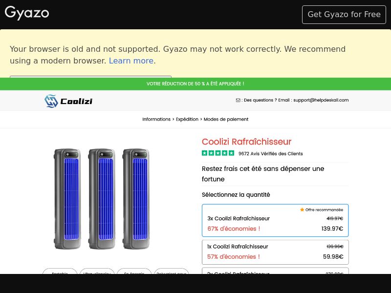 [WEB+MOB] Coolizi Cooling Ace - CTC €59.98 [FR] 
