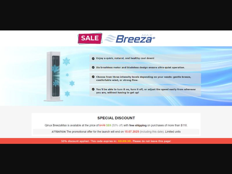 [WEB+MOB] Qinux BreezaMax – Bladeless Portable Fan /International (112 GEOs) CPS *FB/TT/Google/Taboola Pixel* [Approval Required] ★Top
