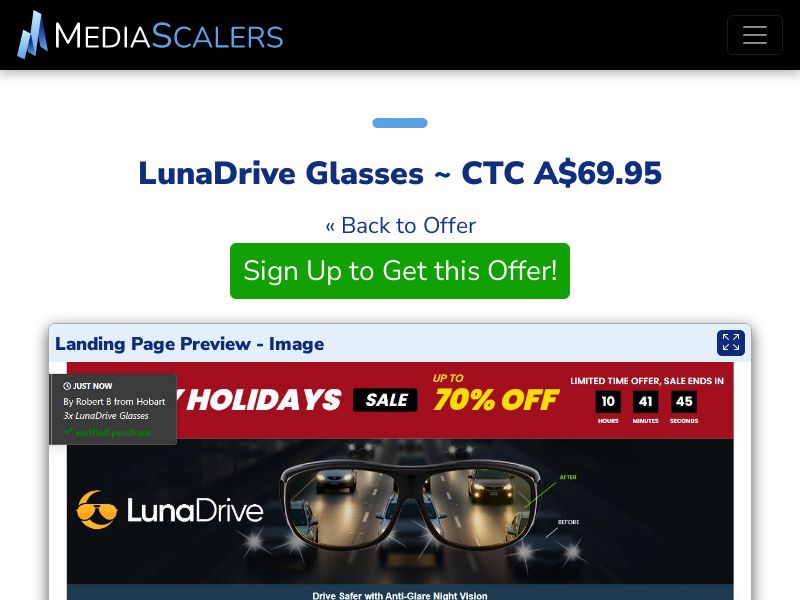 LunaDrive Glasses ~ CTC A$69.95 {+Advertorial, DTC, Alt-Landers} (Event Tracking) [AU]
