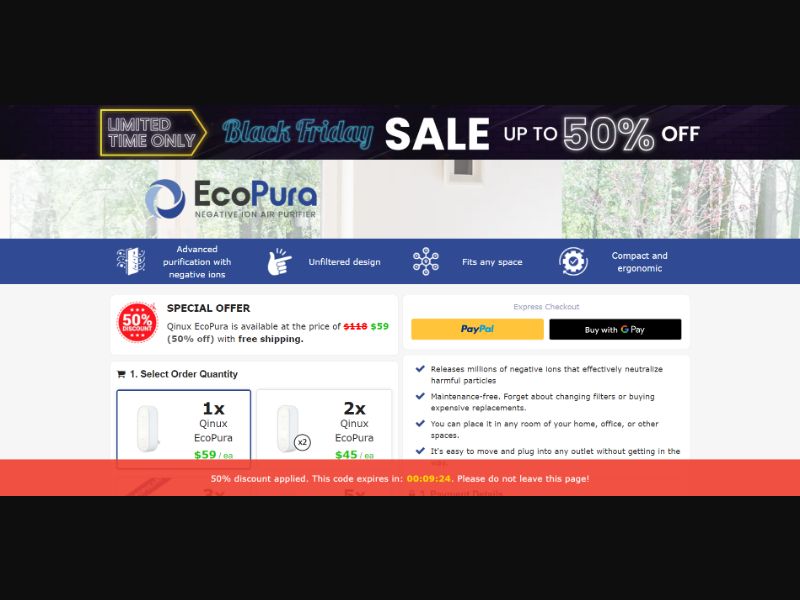 [WEB+MOB] Qinux EcoPura – Negative Ion Air Purifier /International (116 GEOs) CPS *FB/TT/Google/Taboola Pixel* [Approval Required]