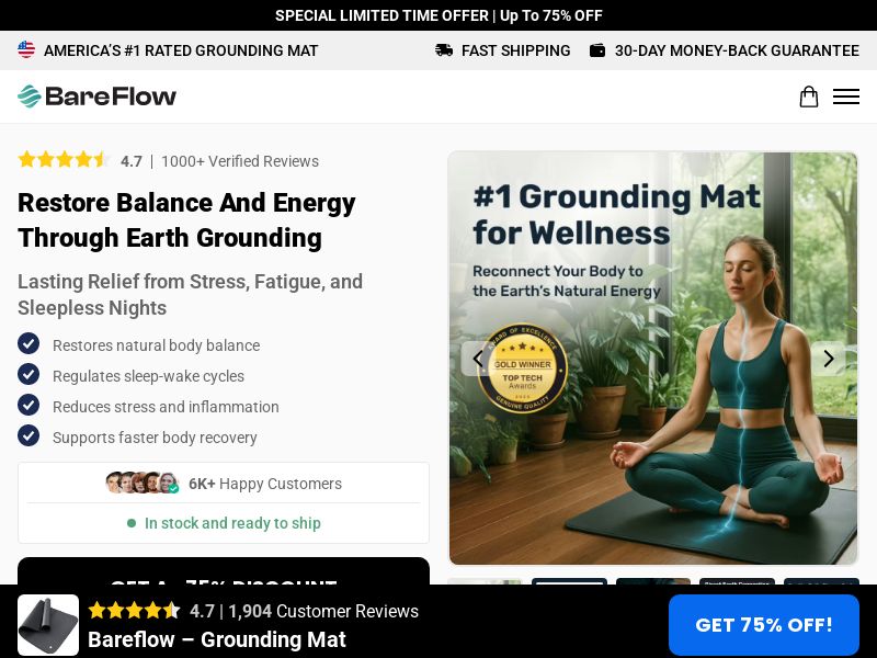Bareflowmat Grounding Mat - DTC [US] (Social,Banner,Native,Push,SEO,Search,Brand Bidding) - CPA 