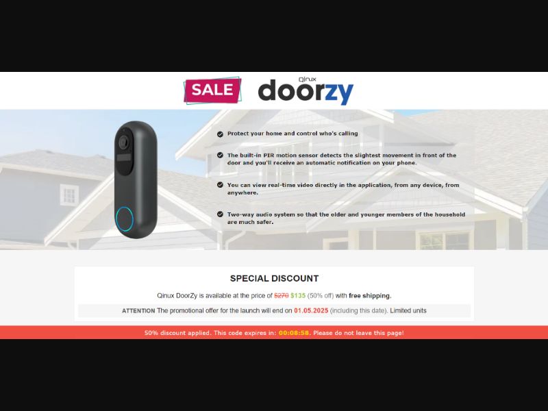 [WEB+MOB] Qinux DoorZy – Smart Video Doorbell /International (112 GEOs) CPS *FB/TT/Google/Taboola Pixel* [Approval Required]