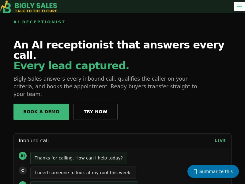 Bigly Sales AI Receptionist (Inbound) - Momentum Tier ($4,999) - $1,500 CPA - Desktop & Mobile [US]