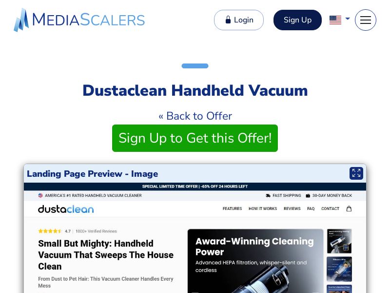 Dustaclean Handheld Vacuum {+Advertorial, DTC, Alt-Landers} (Event Tracking) [US, DE, CA, AU, UK, FR, IL, +232 More]
