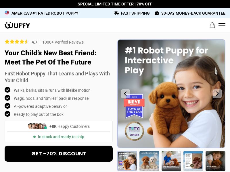 Wuffy Robot Puppy - DTC [US] (Social,Banner,Native,Push,SEO,Search,Brand Bidding) - CPA