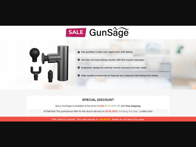 [WEB+MOB] Qinux GunSage – Muscle Massage Gun /International (112 GEOs) CPS *FB/TT/Google/Taboola Pixel* [Approval Required]