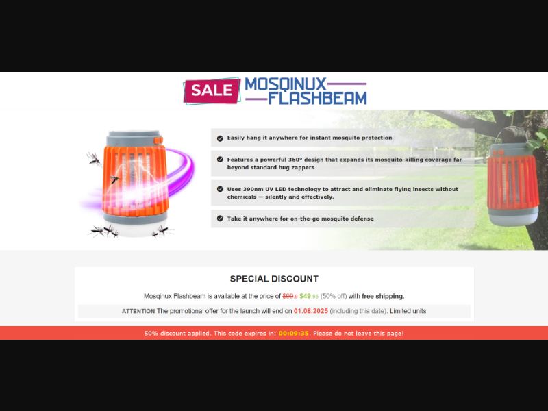 [WEB+MOB] Mosqinux Flashbeam – Anti-Mosquito Lamp /International (112 GEOs) CPS *FB/TT/Google/Taboola Pixel* [Approval Required]
