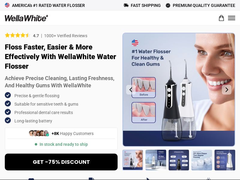 ! NEW OFFER - WellaWhite Water Flosser - Product page [INTL] (Social,Banner,Native,Push,SEO,Search,Brand Bidding) - CPA