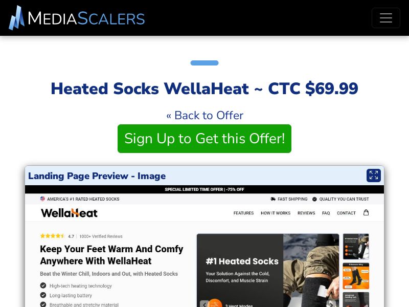 Heated Socks WellaHeat ~ CTC $69.99 {+Advertorial, DTC, Alt-Landers} [US, DE, CA, AU, UK, FR, IL, +232 More]