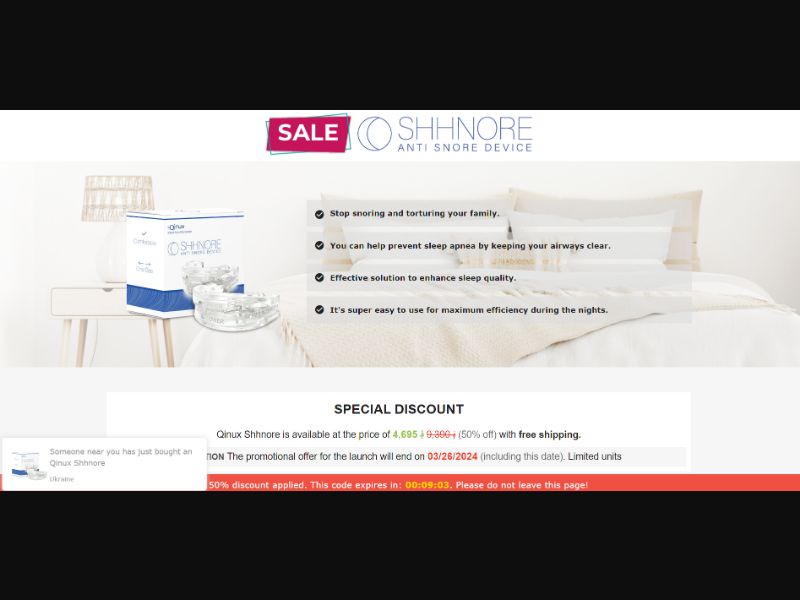 [WEB+MOB] Qinux Shhnore – Anti-Snore Device /International (112 GEOs) CPS *FB/TT/Google/Taboola Pixel* [Approval Required]