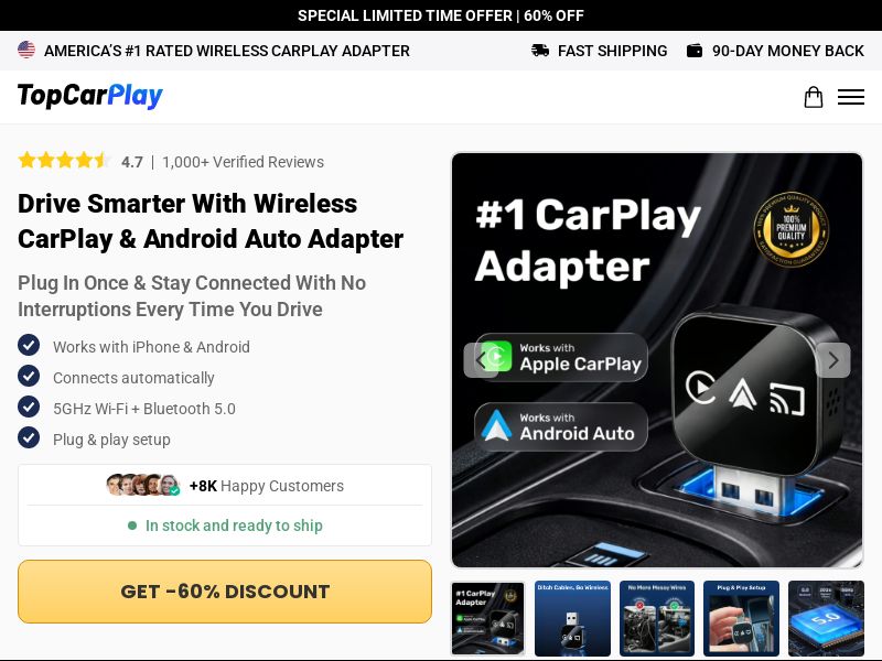 ! NEW OFFER - TopCarPlay Wireless CarPlay - Product Page [INTL] (Social,Banner,Native,Push,SEO,Search,Brand Bidding) - CPA