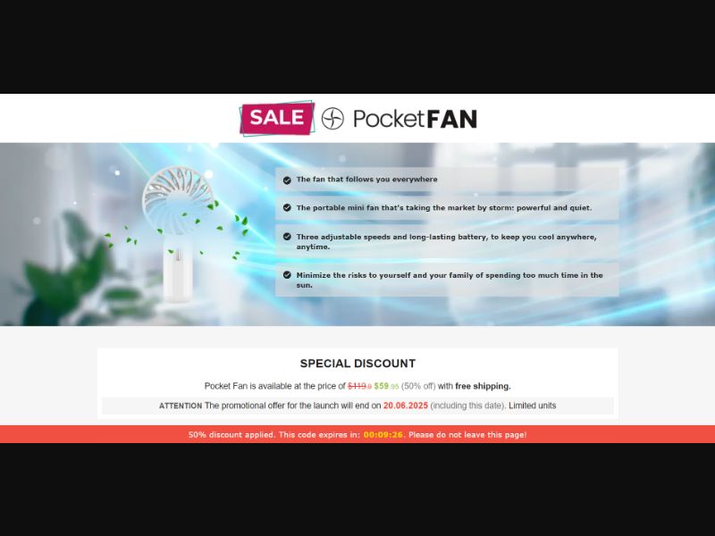 [WEB+MOB] Pocket Fan – Mini Cooler /International (112 GEOs) CPS *FB/TT/Google/Taboola Pixel* [Approval Required]