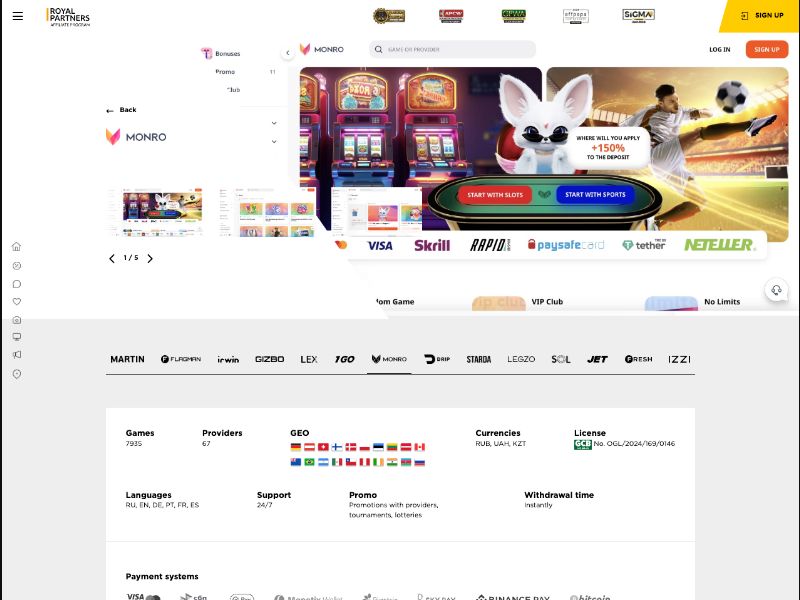 MONRO Casino - CPA Up To 700 EUR, RevShare Up To 60% - PT, PL, DE, BR, CA