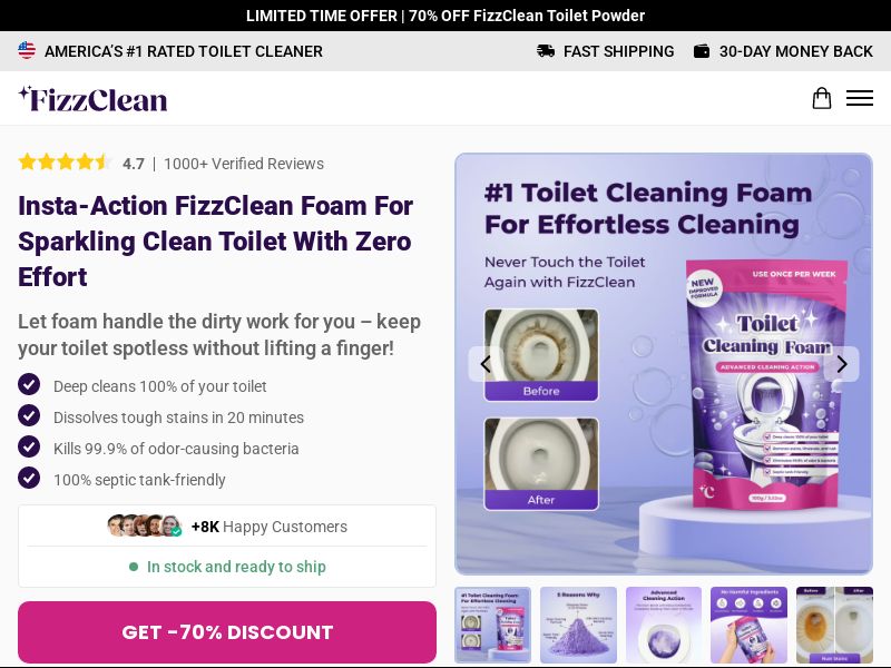 FizzClean Toilet Cleaning Foam - Product Page [INTL] (Social,Banner,Native,Push,SEO,Search,Brand Bidding) - CPA