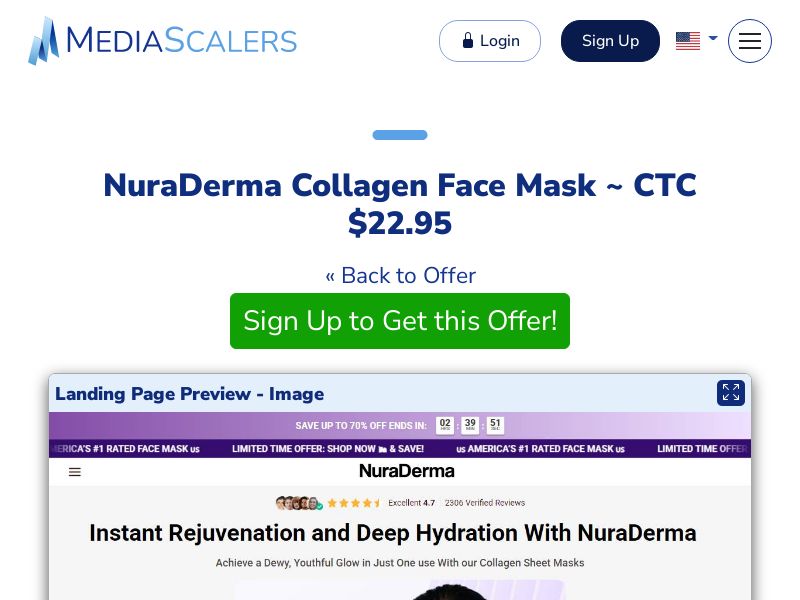 NuraDerma Collagen Face Mask ~ CTC $22.95 {+Advertorial, DTC, Multi-Lang, Alt-Landers} (Event Tracking) [US, DE, CA, AU, UK, FR, IL, +232 More]