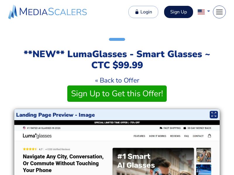 LumaGlasses - Smart Glasses ~ CTC $99.99 {+Advertorial, Alt-Landers, DTC} (Event Tracking) [US, DE, CA, AU, UK, FR, IL, +232 More]