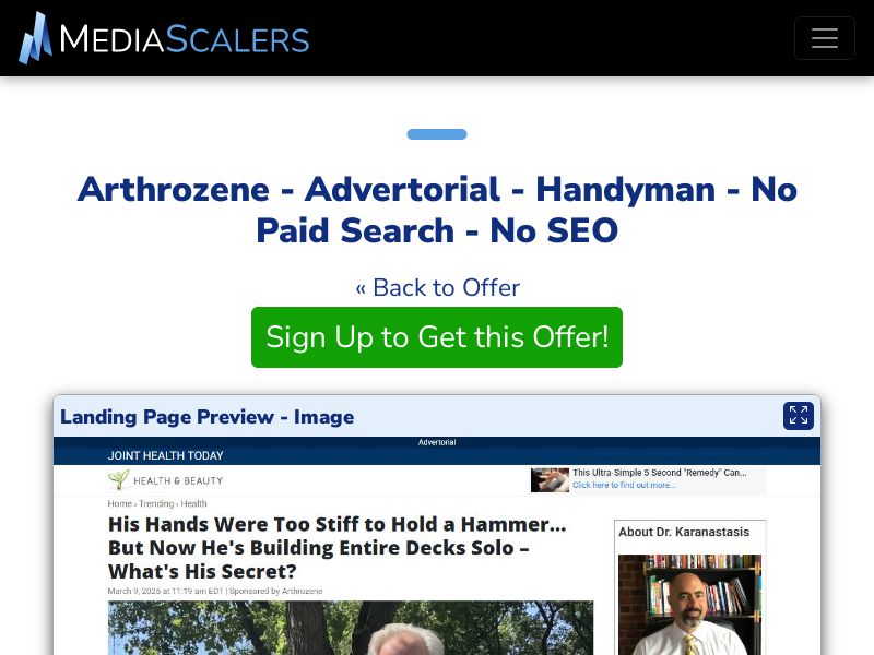 Arthrozene - Advertorial - Handyman - No Paid Search - No SEO [US, CA, AU, UK]